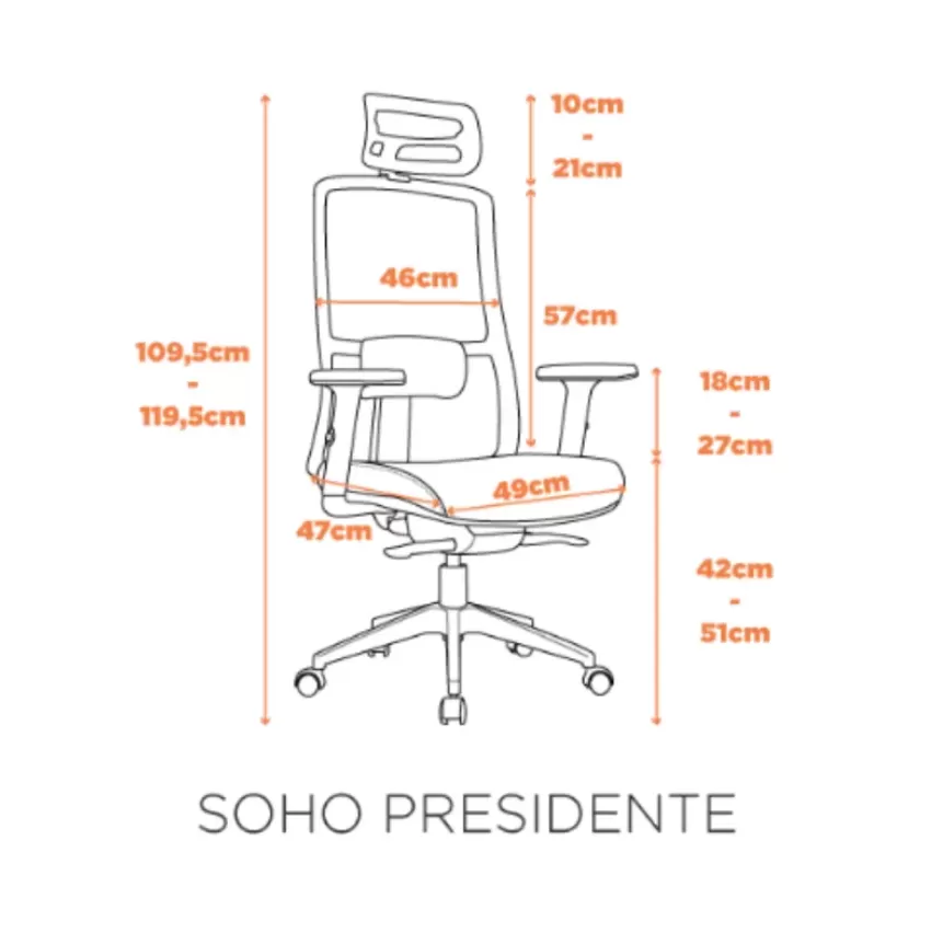 Cadeira Presidente telada modelo Soho COM SLIDE e Apoio de Cabeça - Braço Regulável - Preto - Fratini